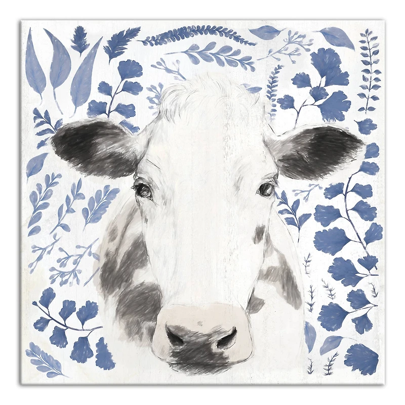 Navy Botanical Cow 24" x 24" Canvas Wall Art