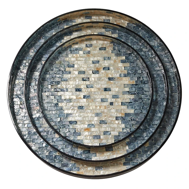 Set of 3" Black Mother of Pearl Coastal Tray, 24", 20", 16"