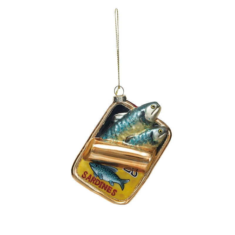 Hello Honey® 4.25" Hand-Painted Glass Sardines in Can Ornament with Glitter