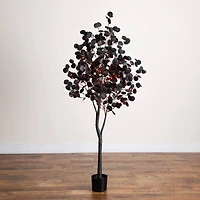6ft. Pre-Lit Artificial Halloween Black Eucalyptus Tree with 300 Orange & Purple LED Lights