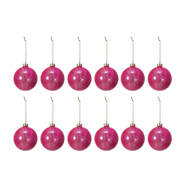 Hello Honey® 12 Pack 3" Pink Glitter Glass Ball Ornaments