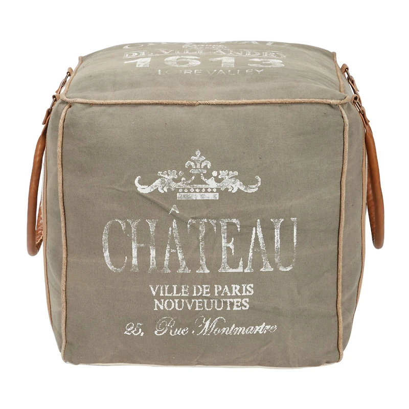 Gray Fabric and Leather Rustic Pouf, 17" x 21" x 21"