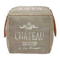 Gray Fabric and Leather Rustic Pouf, 17" x 21" x 21"