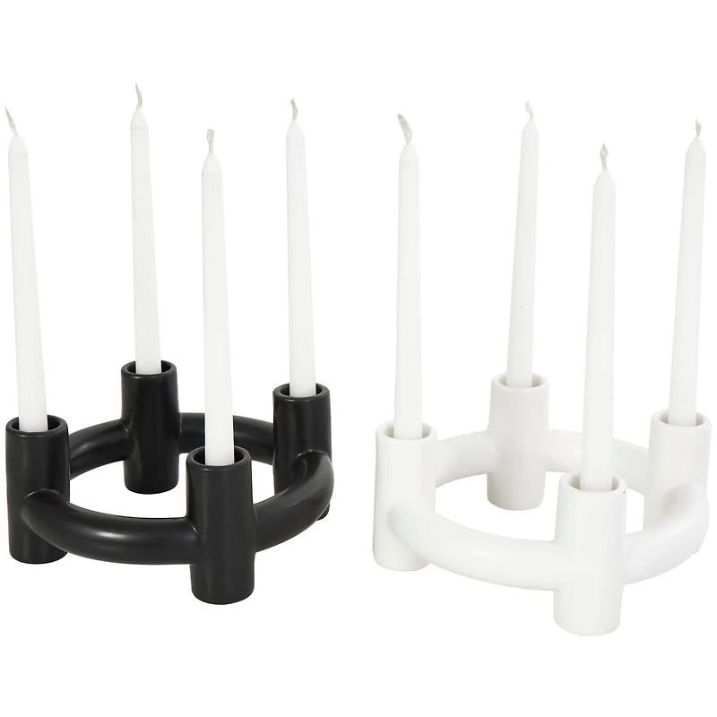 CosmoLiving by Cosmopolitan 8" Black & White Ceramic Geometric Circle Taper Candle Holder Set