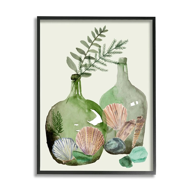 Stupell Industries Fern Foliage in Green Glass Jugs Nautical Seashells Framed Wall Art