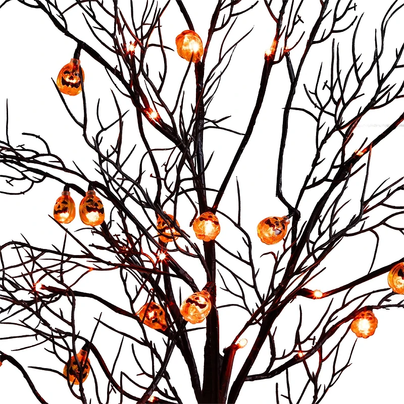 4ft. Pre-Lit Artificial Halloween Black Twig Tree with 24 Orange LED Pumpkin Shaped Lights
