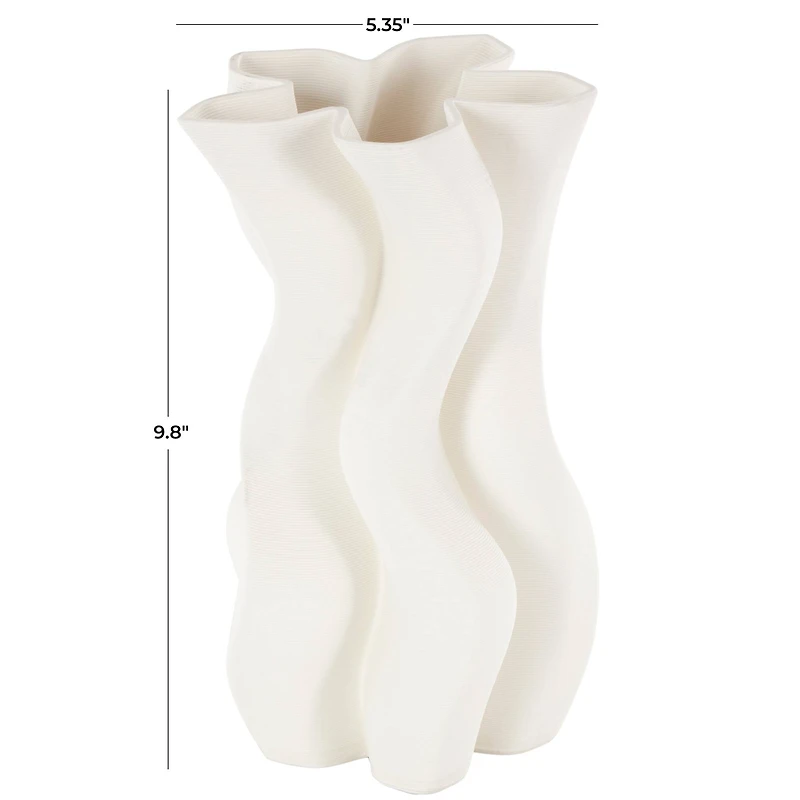White Ceramic Abstract Ribbed Dimensional Wavy Vase with Floral Shaped Rim