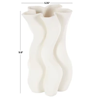 White Ceramic Abstract Ribbed Dimensional Wavy Vase with Floral Shaped Rim