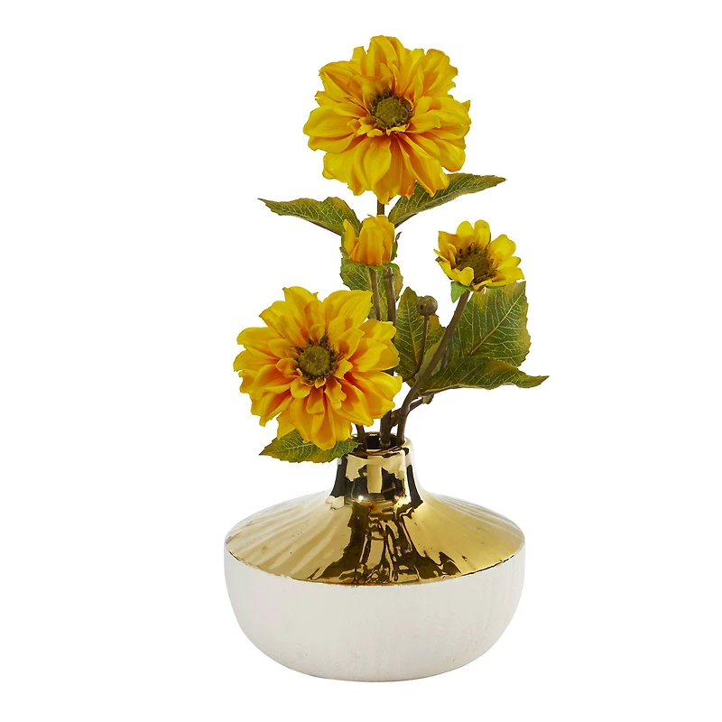 15" Zinnia Artificial Arrangement in Gold and Cream Elegant Vase