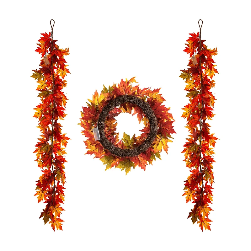Glitzhome® Lighted Fall Maple Leaves Garland & Wreath Set