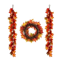 Glitzhome® Lighted Fall Maple Leaves Garland & Wreath Set