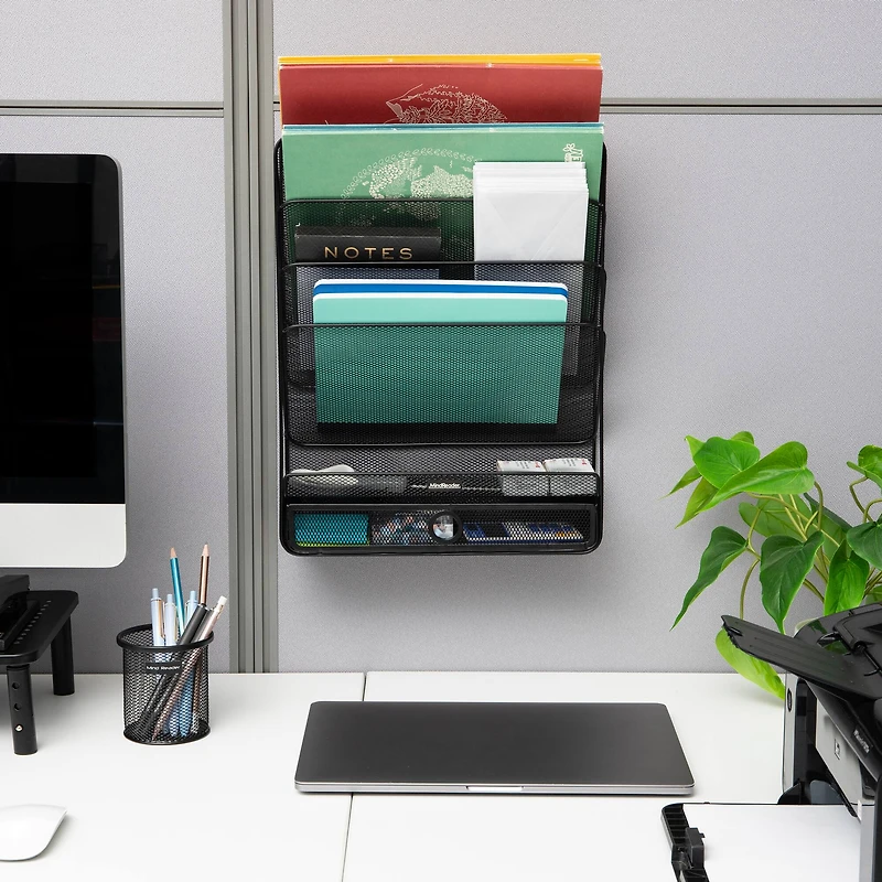 Mind Reader 4-Tier Vertical File Storage, Desktop Organizer, Wall Mount, Office, Metal Mesh, Black