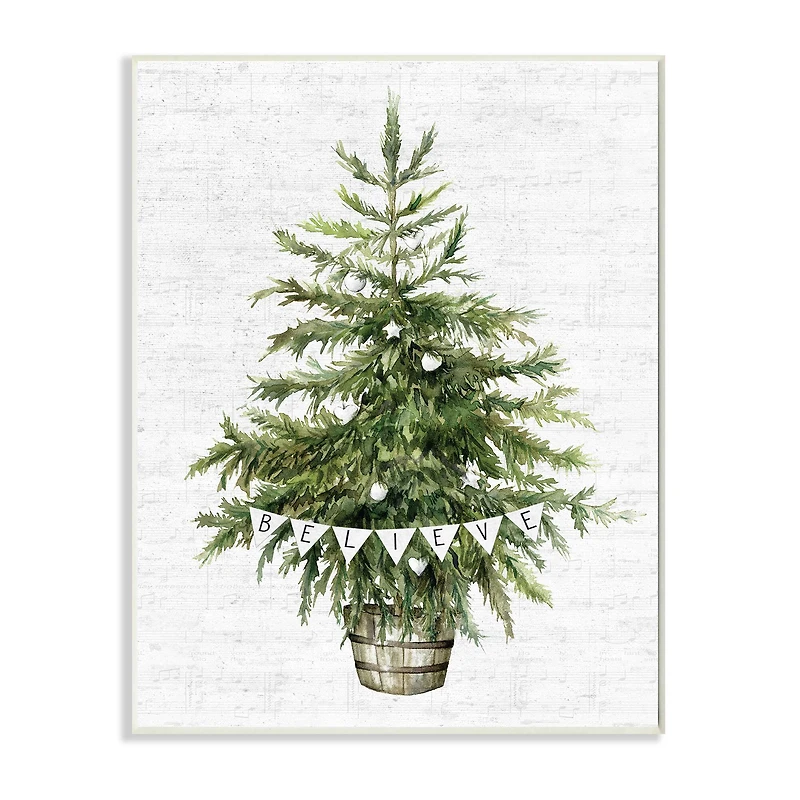 Stupell Industries Holiday Green Fir Tree with Believe Phrase Wood Wall Plaque