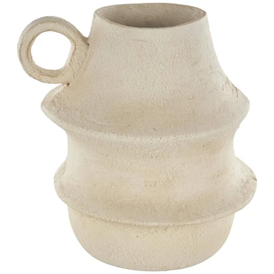 14" Cream Paper Mache Fluted Vase with Ring Handle