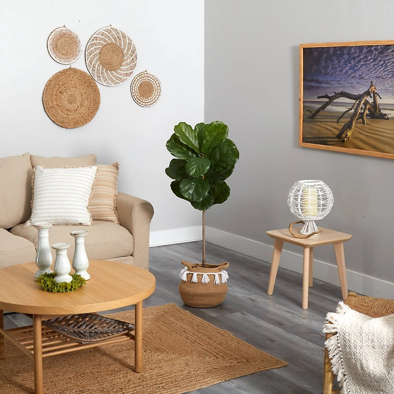 4ft. Fiddle Leaf Artificial Tree in Boho Chic Handmade Natural Cotton Woven Planter with Tassels UV Resistant (Indoor/Outdoor)