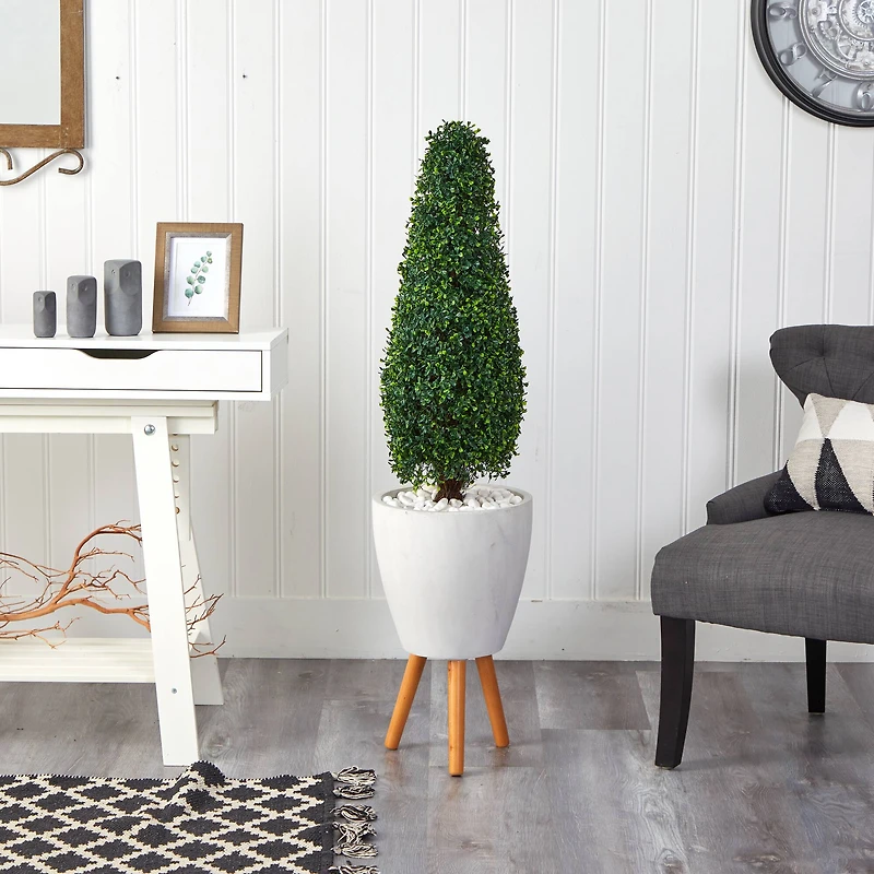 4ft. Boxwood Tower Topiary Tree in White Planter with Stand
