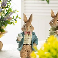 Glitzhome® 9.75" Easter Resin Bunny Couple with Coffee and Tulips Table Decor