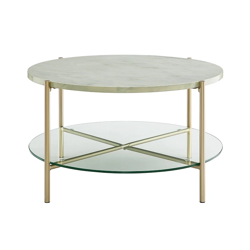 Faux White Marble, Glass & Gold Modern Round Coffee Table 