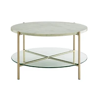 Faux White Marble, Glass & Gold Modern Round Coffee Table 