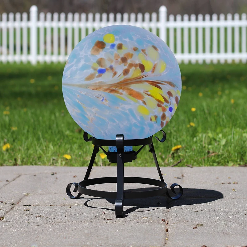 10" Blue Hand Painted Feather Design Glass Garden Gazing Ball