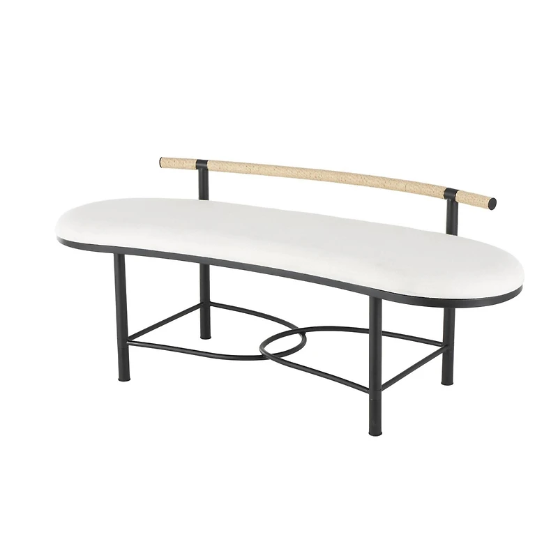 60.25" White Fabric Abstract Upholstered Oval Home Bench with Black Metal Frame & Rope Rod Backrest