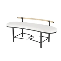 60.25" White Fabric Abstract Upholstered Oval Home Bench with Black Metal Frame & Rope Rod Backrest