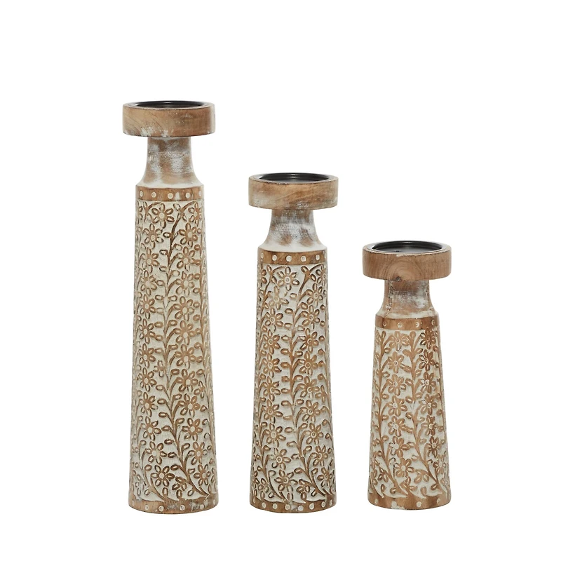 Brown Natural Mango Wood Candle Holders Set, 13", 15" & 18"