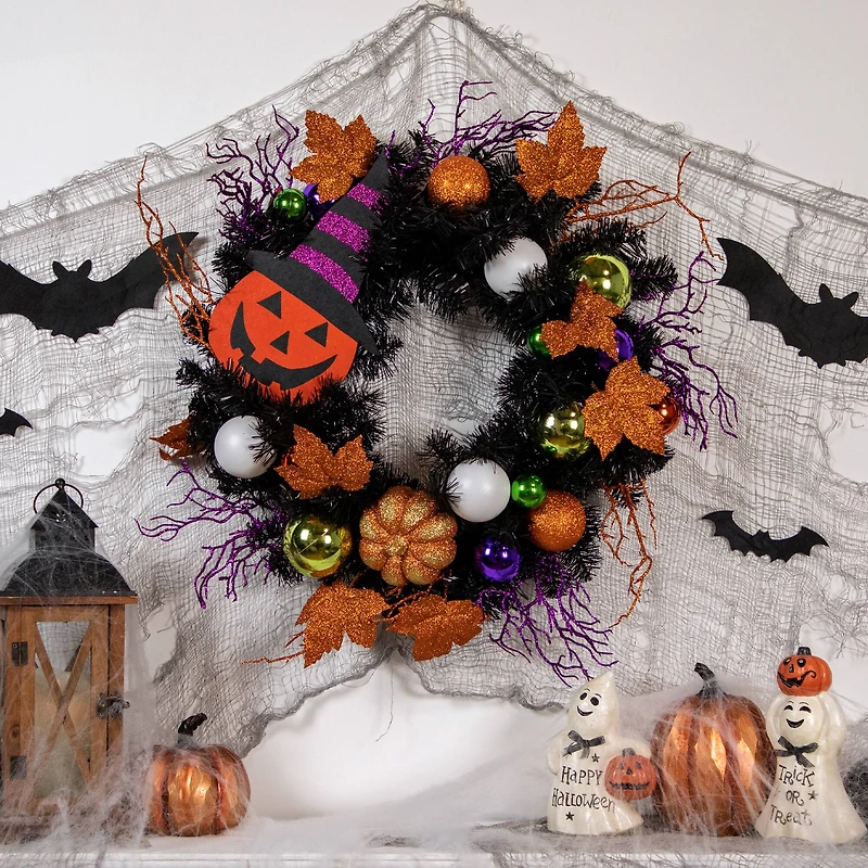 24'' Unlit Jack-O-Lantern in Witches Hat Halloween Pine Wreath
