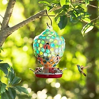 Glitzhome® 8.25" Blue & Green Dots & Ladybugs Glass Hanging Bird Feeder
