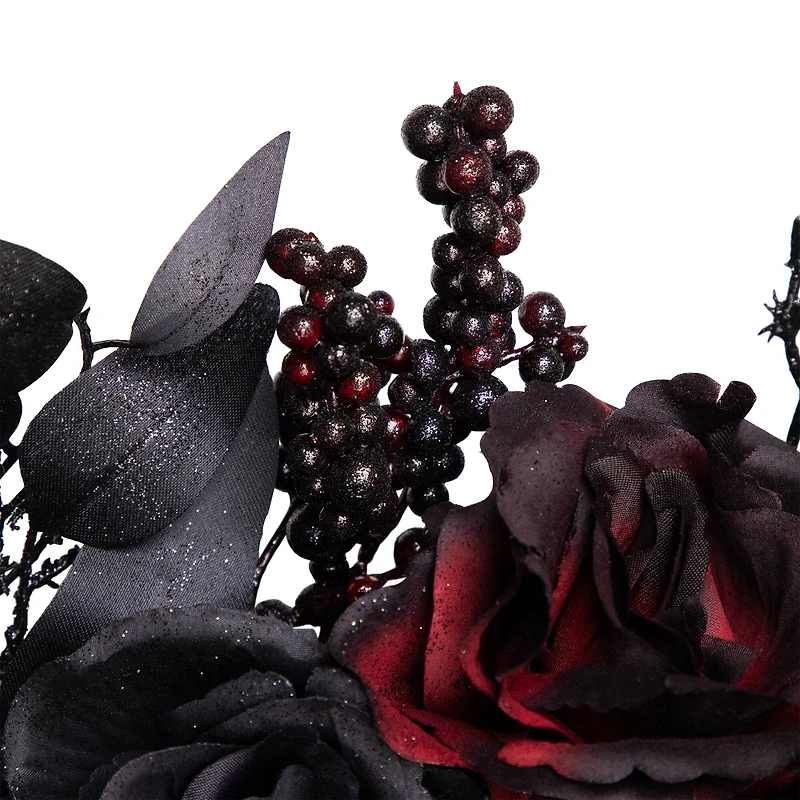 24" Burgundy & Black Roses with Spiders Halloween Wreath