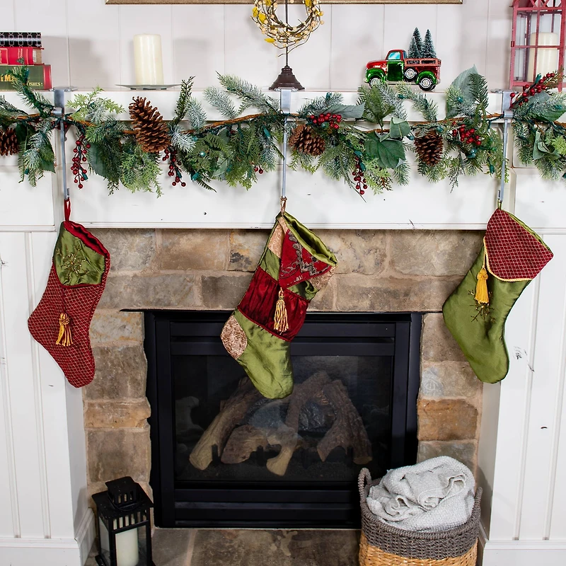 Silver Mantel Garland & Christmas Stocking Holder, 2ct.