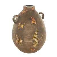 15.25" Brown Ceramic Antique Style Distressed Vase with Grooves & Handles