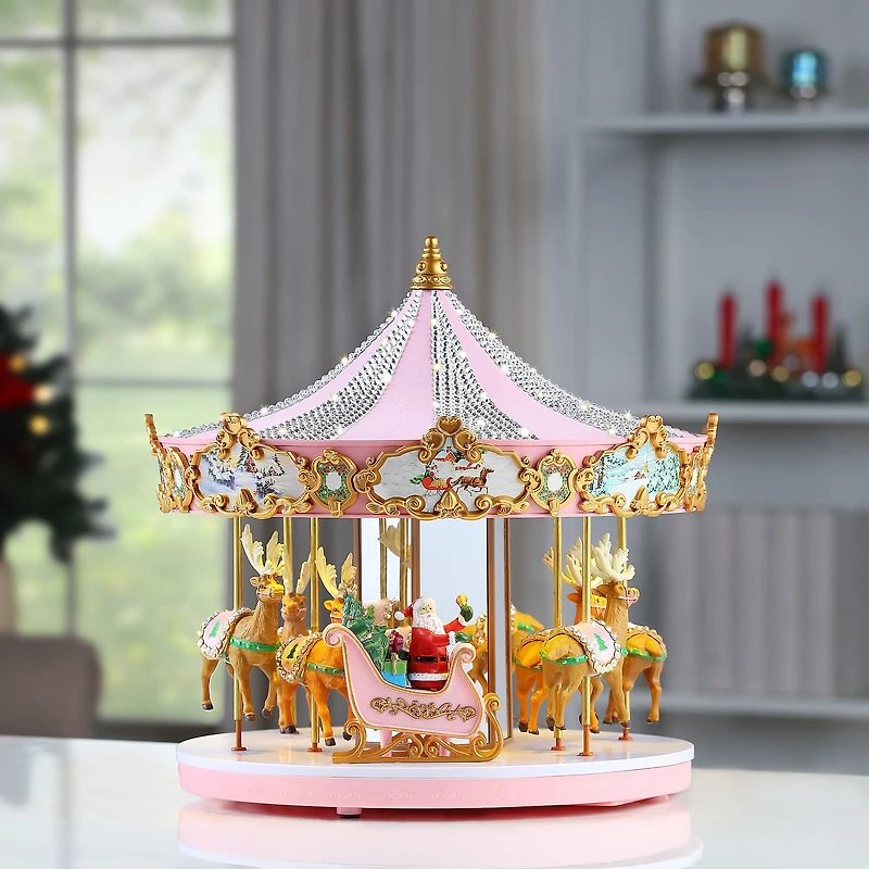 12" Animated & Musical Pink Crystal Carousel