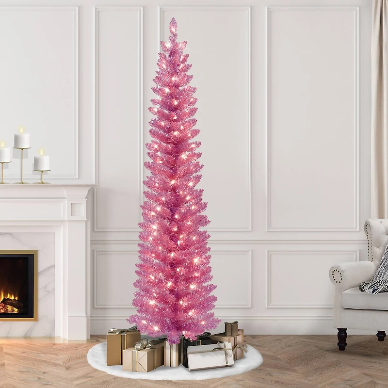 7ft. Pre-Lit Pink Tinsel Artificial Christmas Tree, Clear Lights