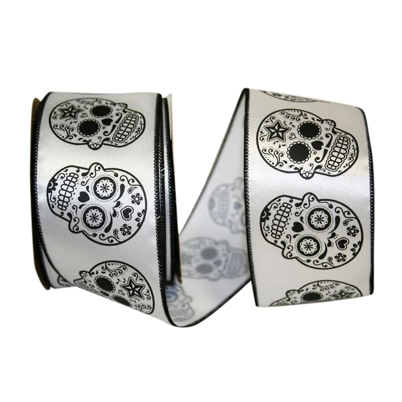 JAM Paper 2.5" x 10yd. Black & White Day of the Dead Wired Ribbon