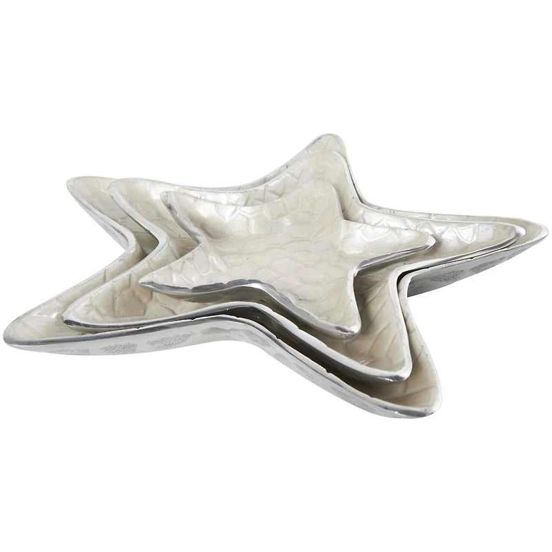 White & Silver Handmade Starfish Enameled Aluminum Decorative Bowl Set