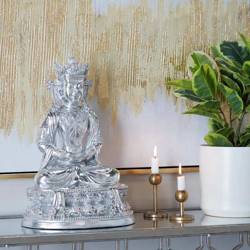 Silver Resin Bohemian Buddha  Sculpture, Set of  21" x 14" x 10"