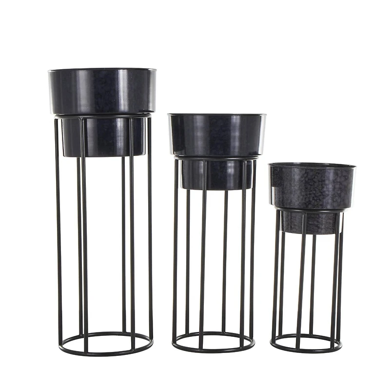 Black Metal Wash Textured Planter with Open Framed Black Caged Base Set