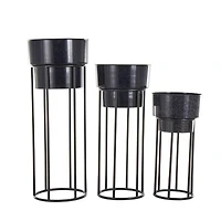 Black Metal Wash Textured Planter with Open Framed Black Caged Base Set