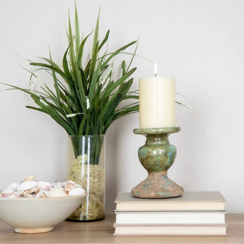 Hello Honey® Distressed Green 2-Tone Sculptural Terracotta Pillar Candle Holder