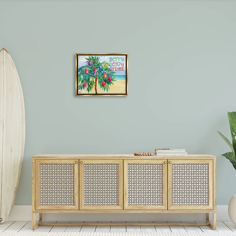 Stupell Industries Merry Beachy Christmas Holiday Palm Gold Framed Floater Canvas Wall Art