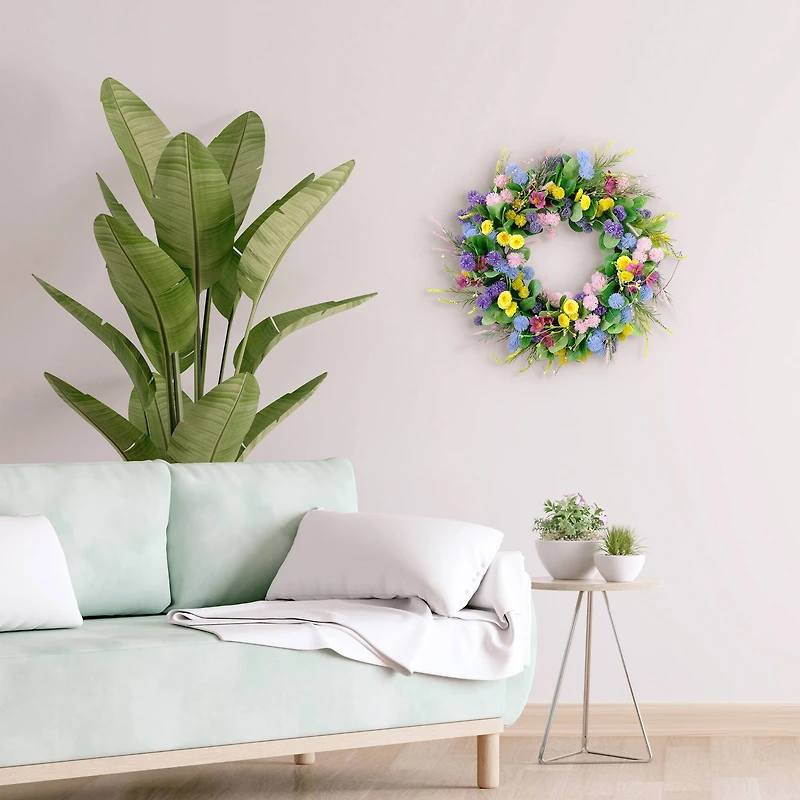 24" Pink, Blue & Yellow Spring Echinops & Chrysanthemum Floral Wreath