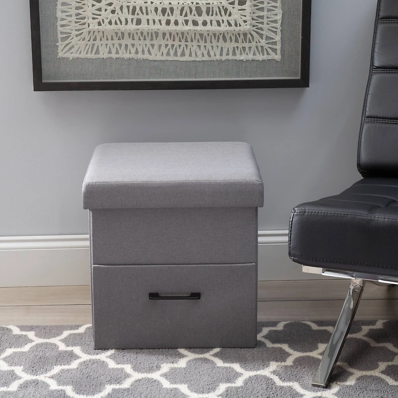 Simplify Gray Collapsible Storage Ottoman with Drawer