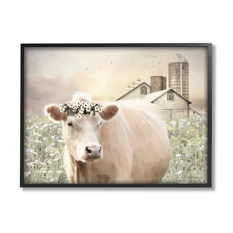 Stupell Industries Realistic Cow Floral Crown Tranquil Farm Field in Frame Wall Art