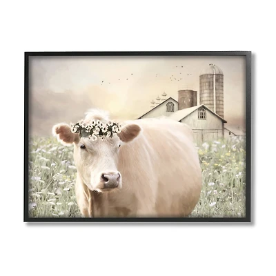 Stupell Industries Realistic Cow Floral Crown Tranquil Farm Field in Frame Wall Art