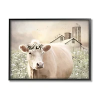 Stupell Industries Realistic Cow Floral Crown Tranquil Farm Field in Frame Wall Art