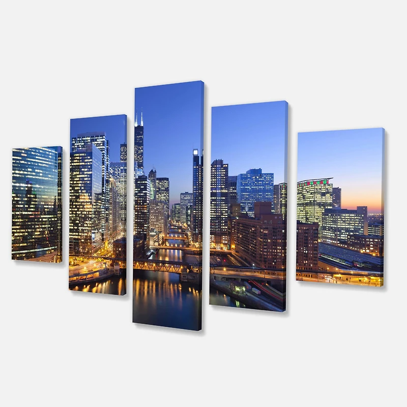 Designart - Chicago River with Bridges at Sunset