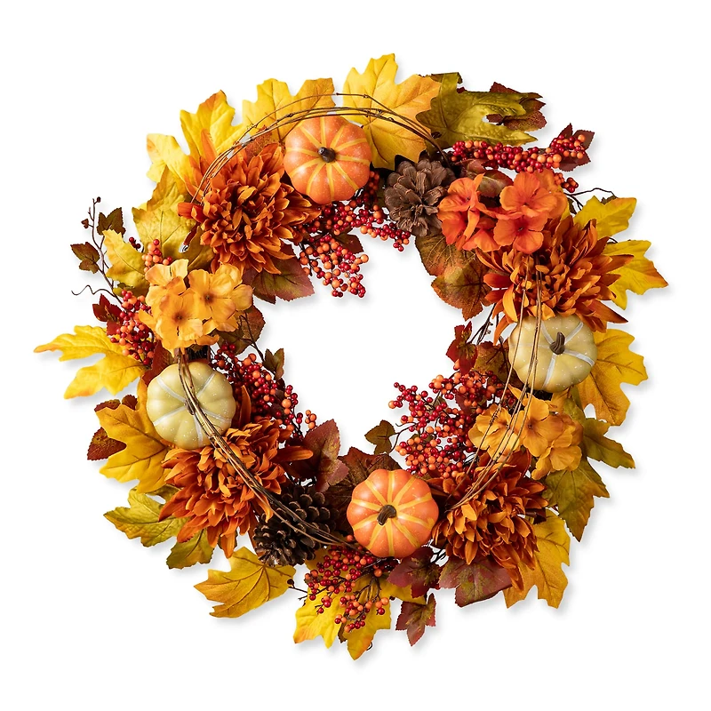 Glitzhome® 24" Fall Dahlia, Pumpkin, Leaf & Berry Wreath