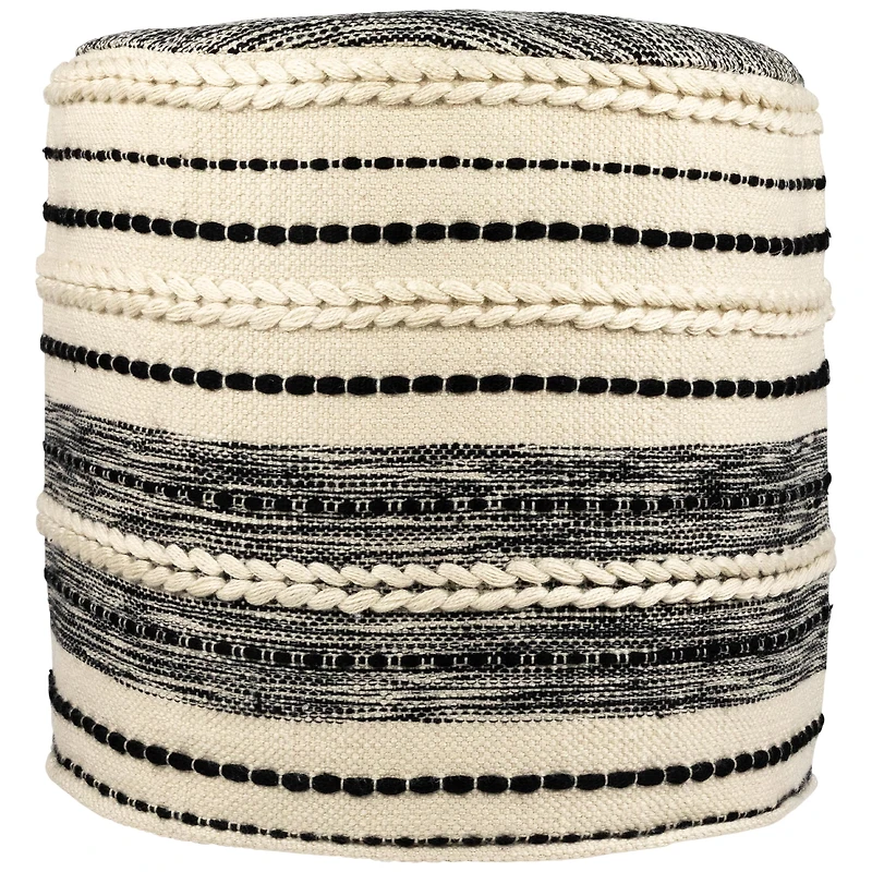 18" Cream & Black Woven Stripes Outdoor Pouf Ottoman