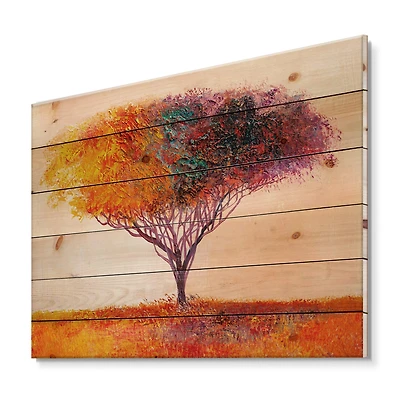 Designart - Landscape Colorful Abstract Tree Impressionist - Modern Print on Natural Pine Wood